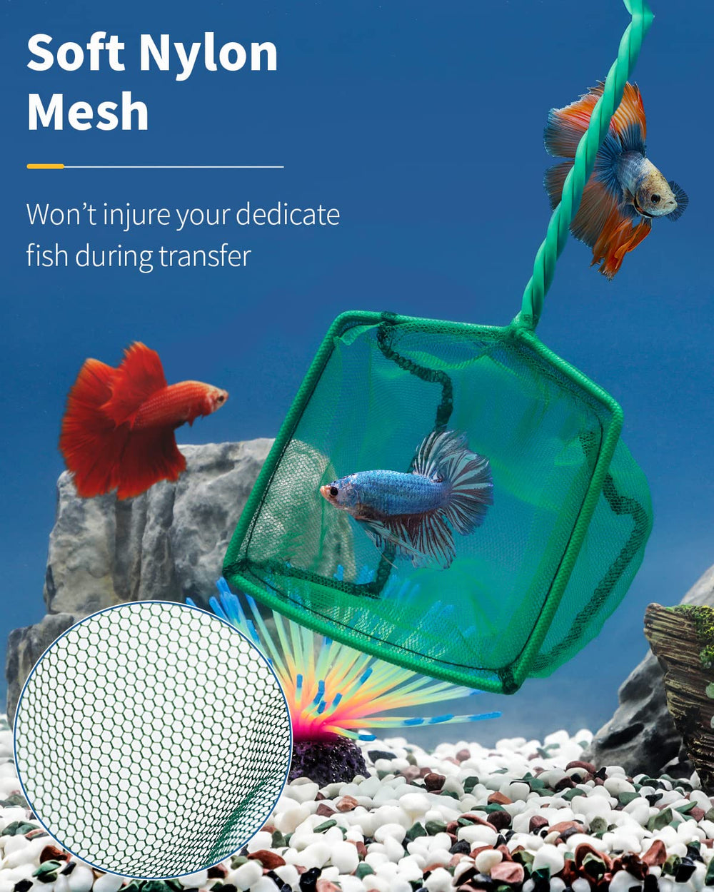 Pawfly soft nylon mesh net prevents injuries during delicate shrimp and fry transfers.
