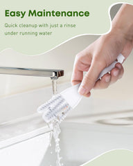 Pawfly brush with plastic handle demonstrating secure grip during scrubbing.