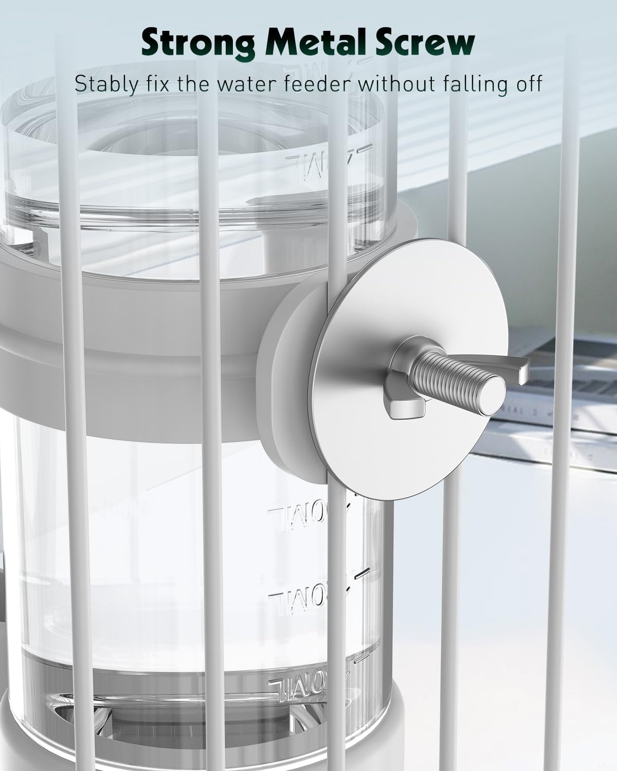 Pawfly two-feeder setup showing 140 mL capacity for consistent water.