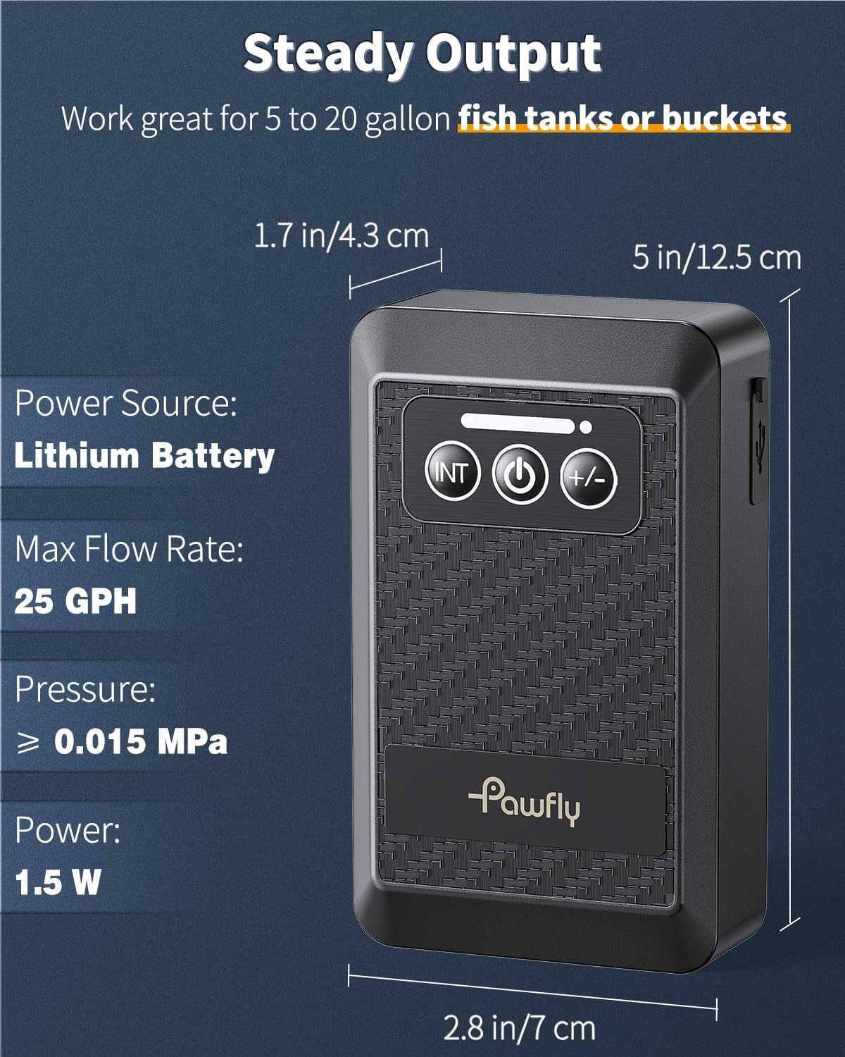 Pawfly USB-rechargeable battery air pump ready for USB charging on the go.