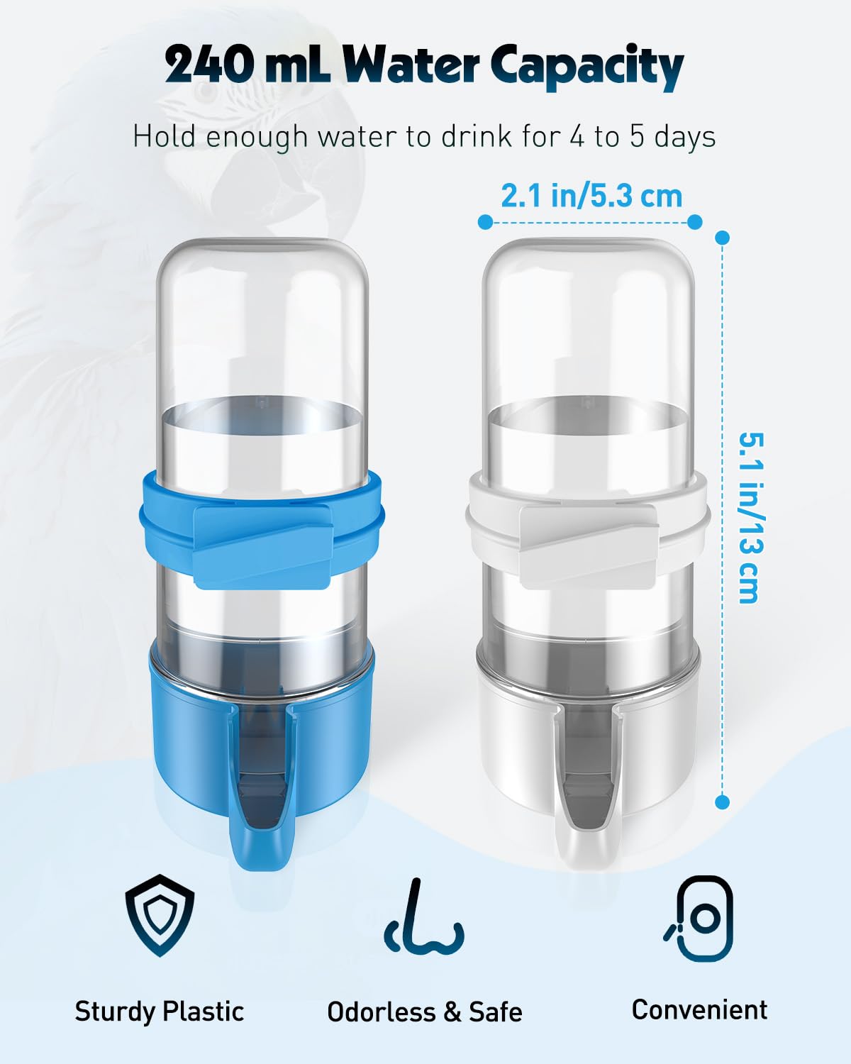 Pawfly waterer cage clip-mount demonstrates flexible installation for inside or outside cages.