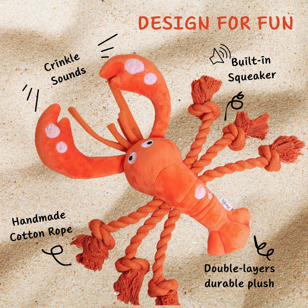 Pawfoo Lab lobster toy claws crinkle for extra tactile excitement during fetch.