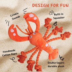 Pawfoo Lab lobster toy claws crinkle for extra tactile excitement during fetch.