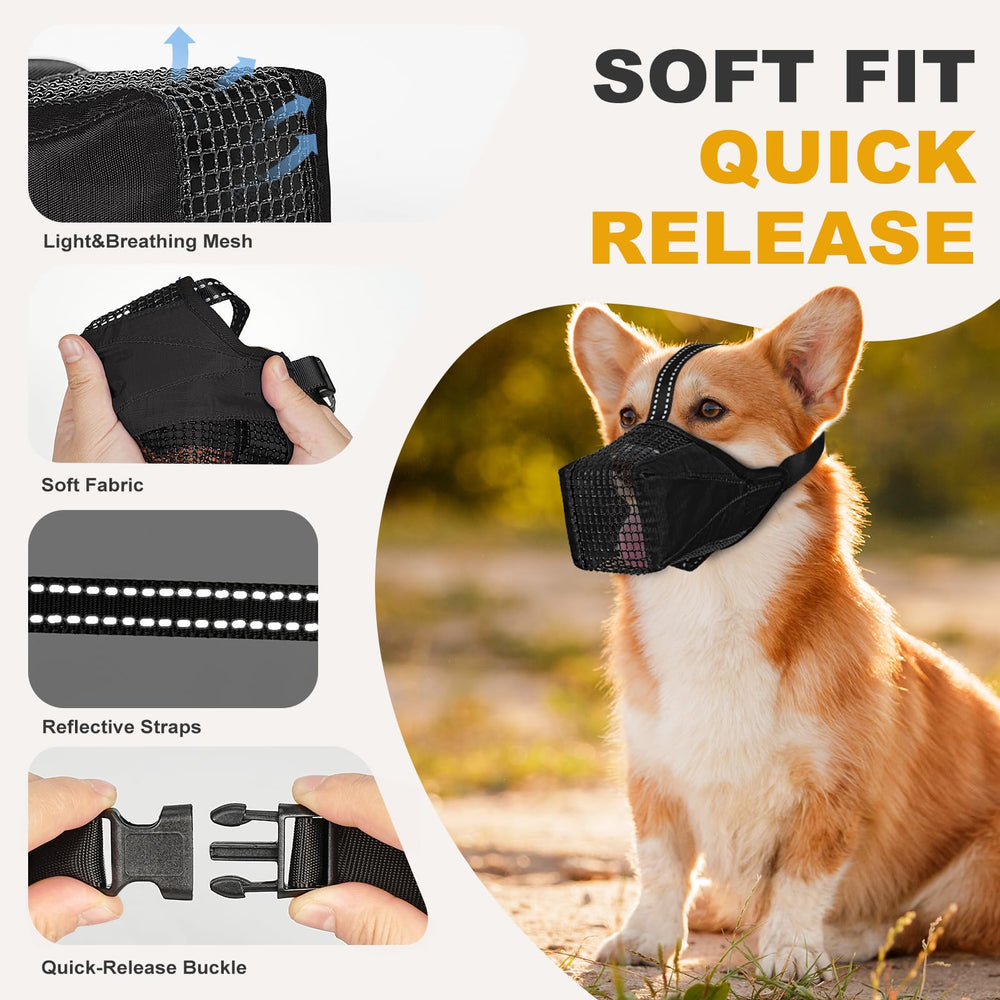 Pawfun black soft mesh muzzle with smooth edges prevents rubbing.