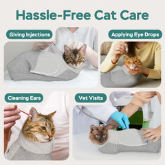 Pawfun cat wrap brushing teeth demonstrates cooperative dental care at home.