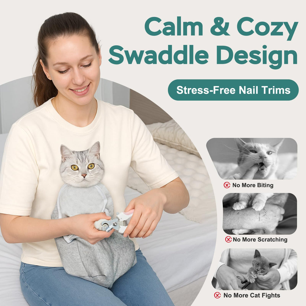 Pawfun cat wrap ear-cleaning setup enables gentle ear access.