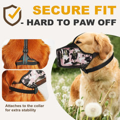 Pawfun Mesh Dog Muzzle closeup shows reflective straps for safer night walks.