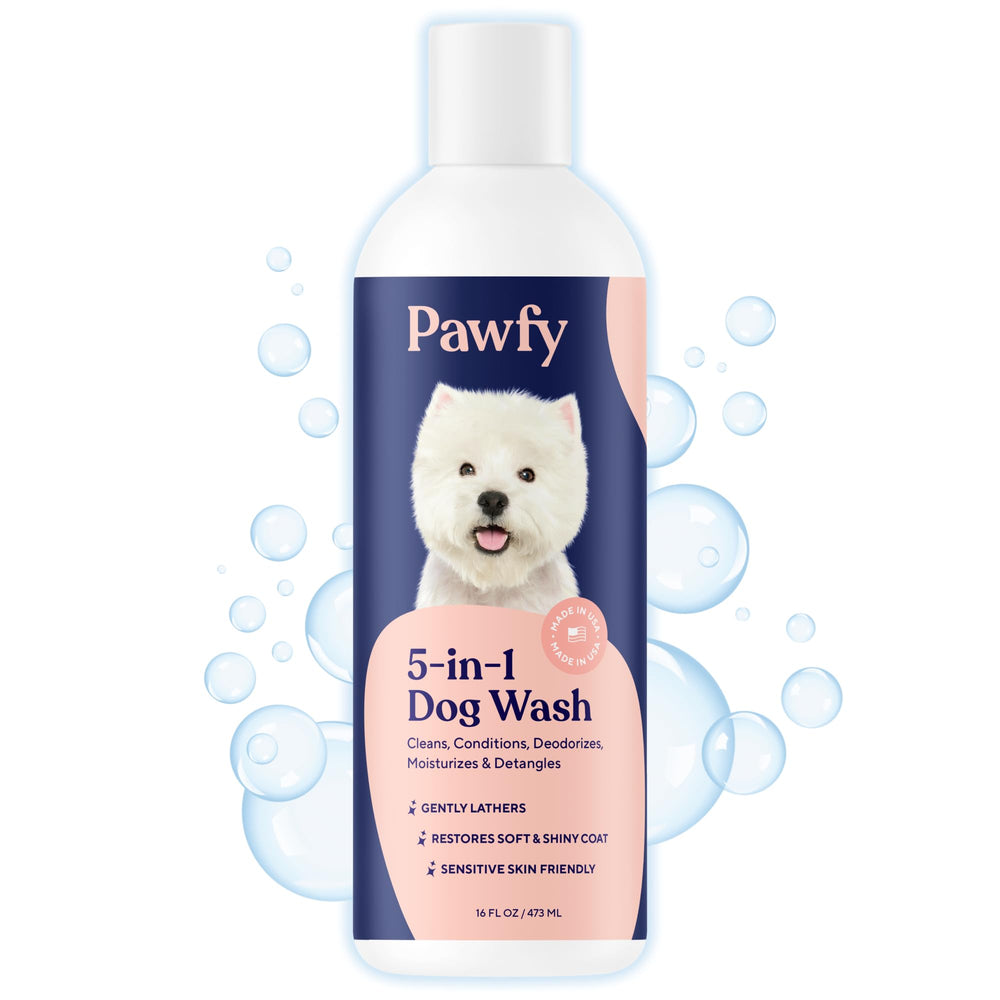 Pawfy 5-in-1 shampoo bottle closeup for gentle cleansing