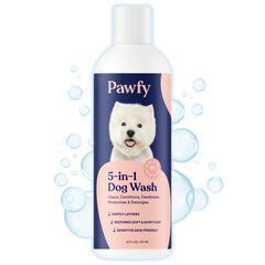 Pawfy 5-in-1 shampoo bottle closeup for gentle cleansing