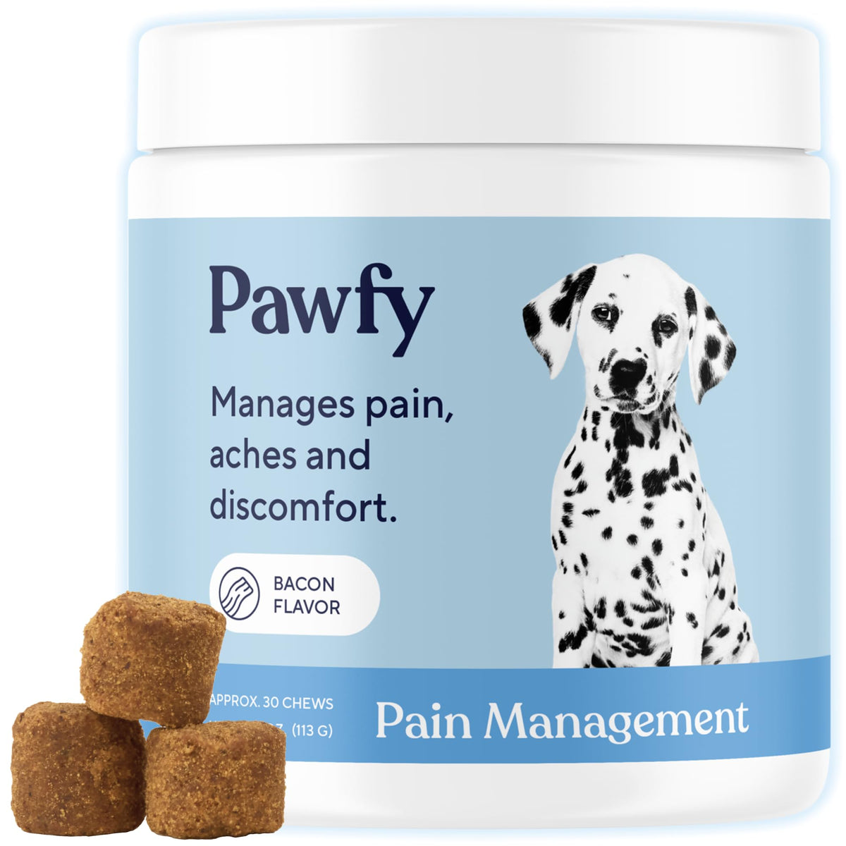 Pawfy Advanced Pain Management bottle showcases joint-support formula for mobility