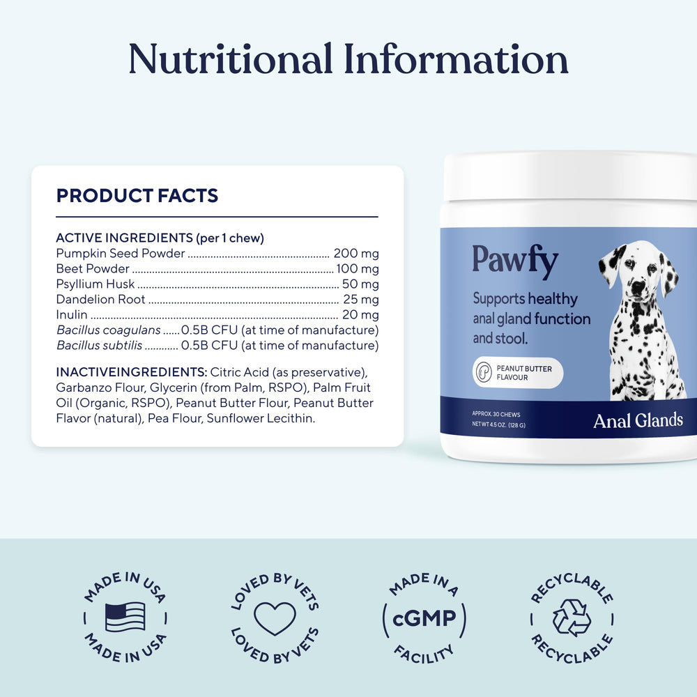 Pawfy Anal Gland Chews dog taking chew illustrates potential constipation relief.
