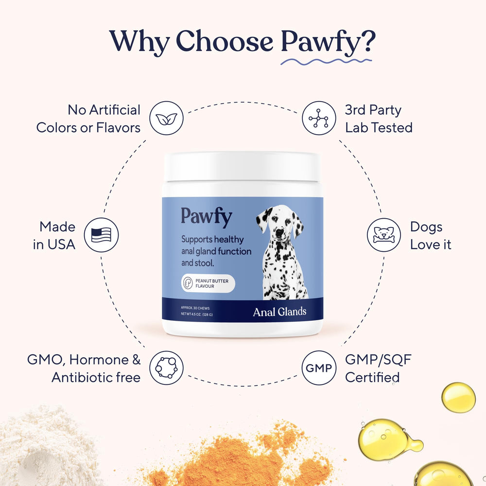 Pawfy Anal Gland Chews on shelf signals convenient anal gland care.
