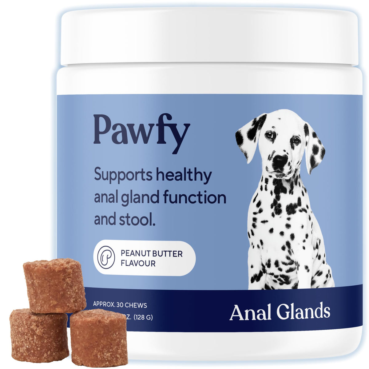 Pawfy Anal Gland Chews peanut butter bottle promotes digestive support for dogs.
