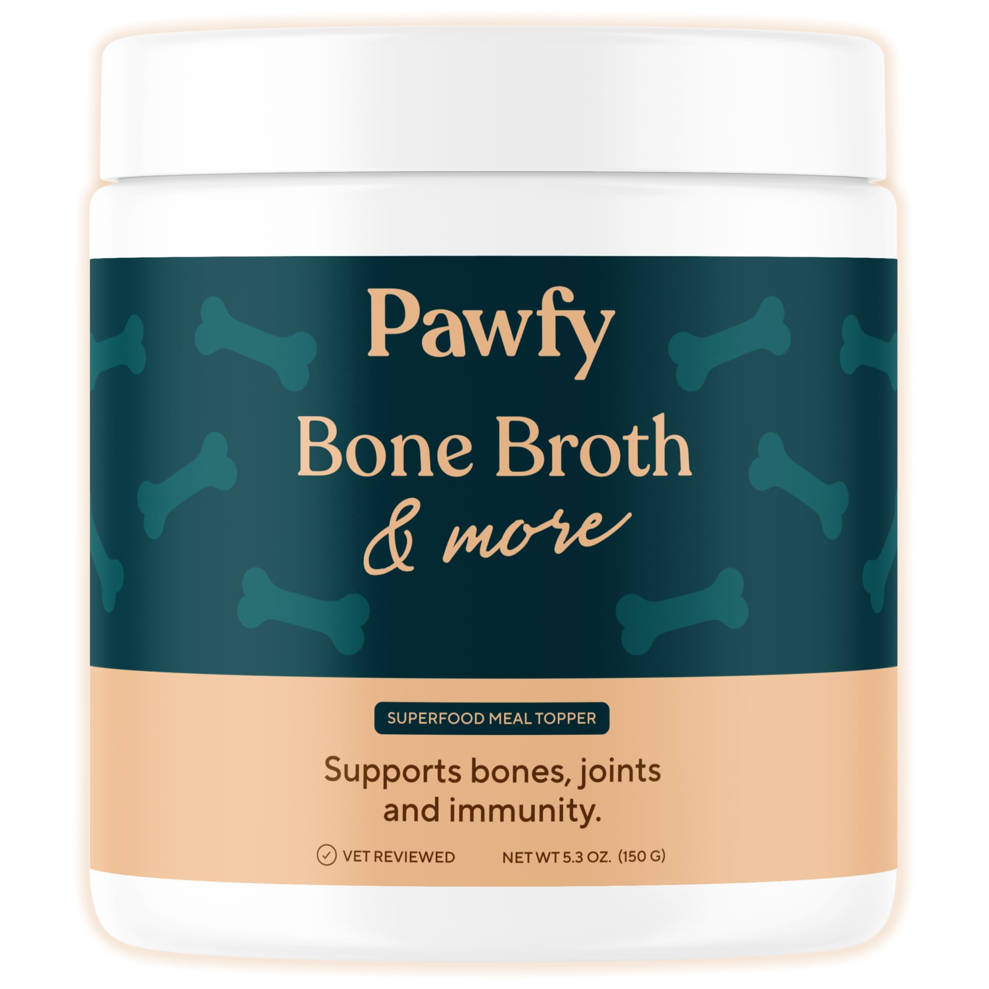 Pawfy Bone Broth bottle pouring over kibble to boost flavor.
