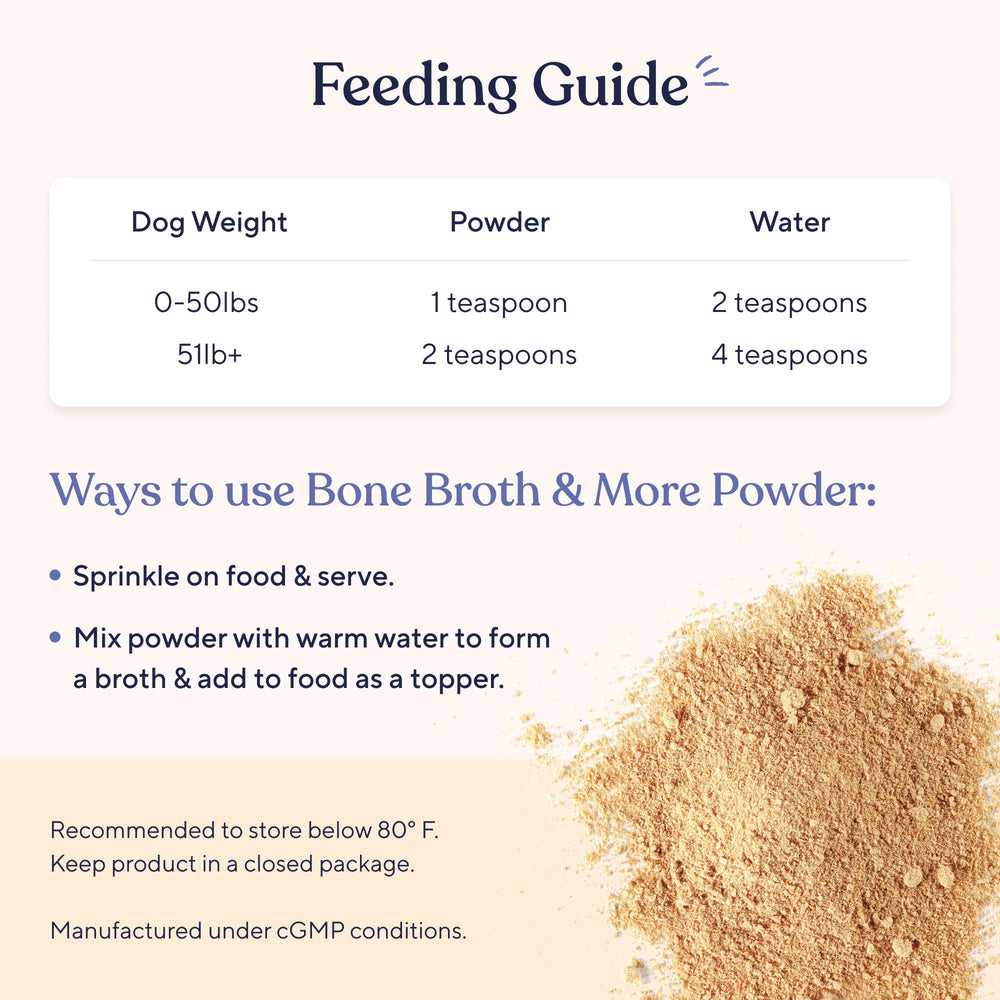 Pawfy Bone Broth being sprinkled over dry food satisfies picky eaters.