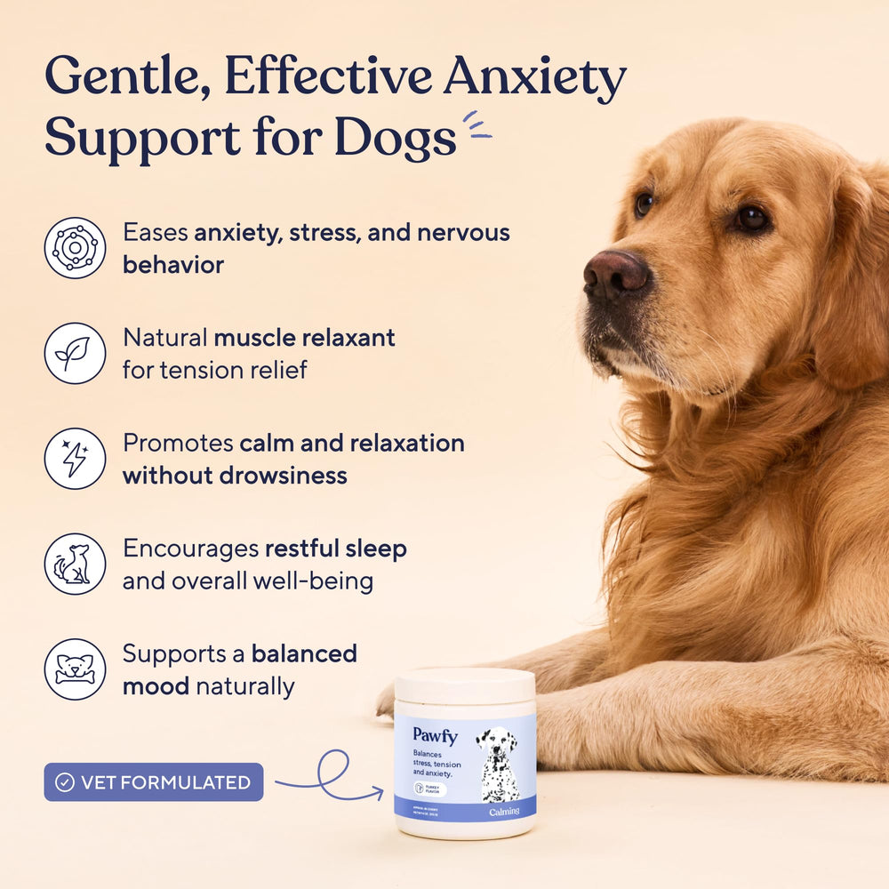 Pawfy Calming Chews bottle open shows convenient dispensing during stressful events.