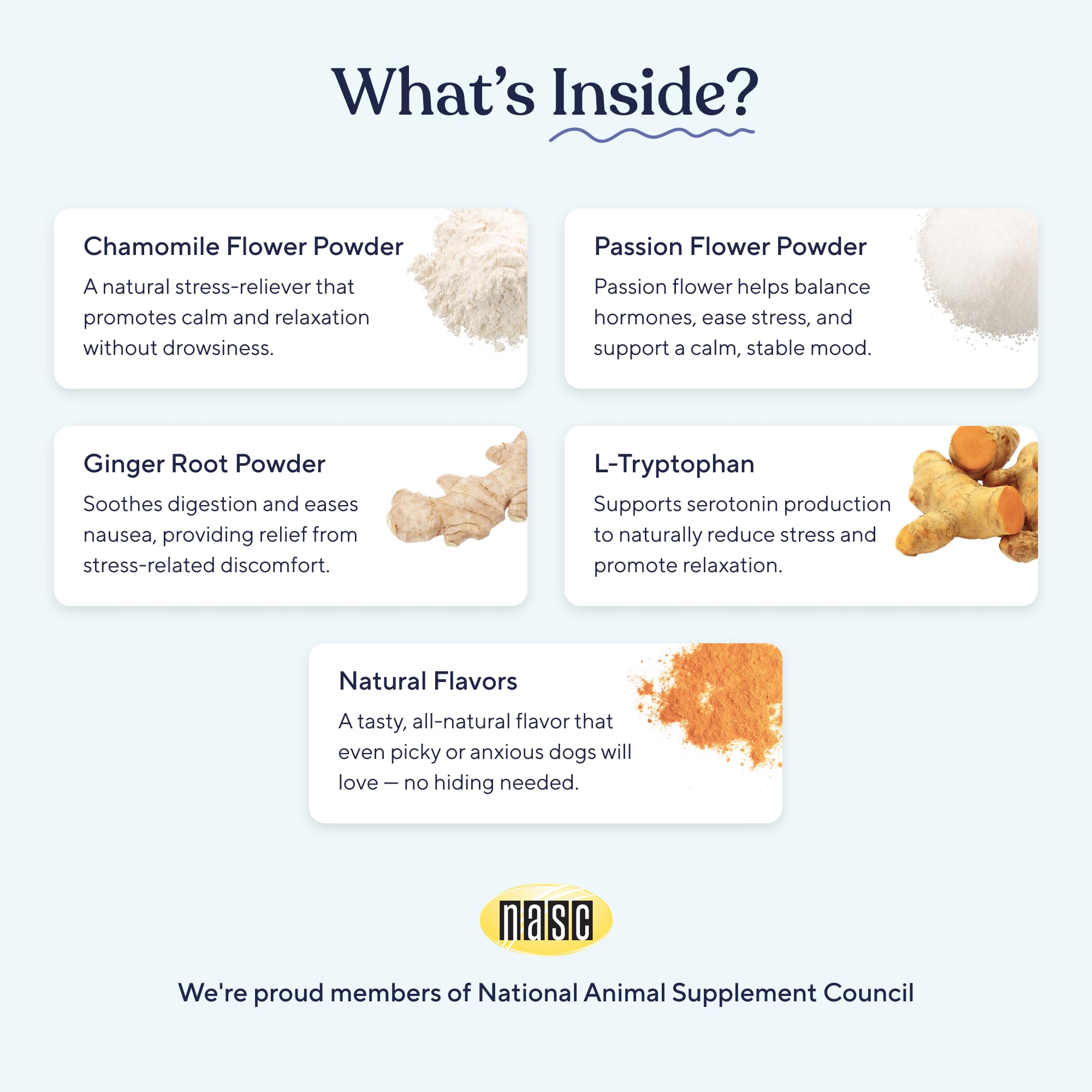 Pawfy Calming Chews closeup ingredients emphasizes natural calming components.