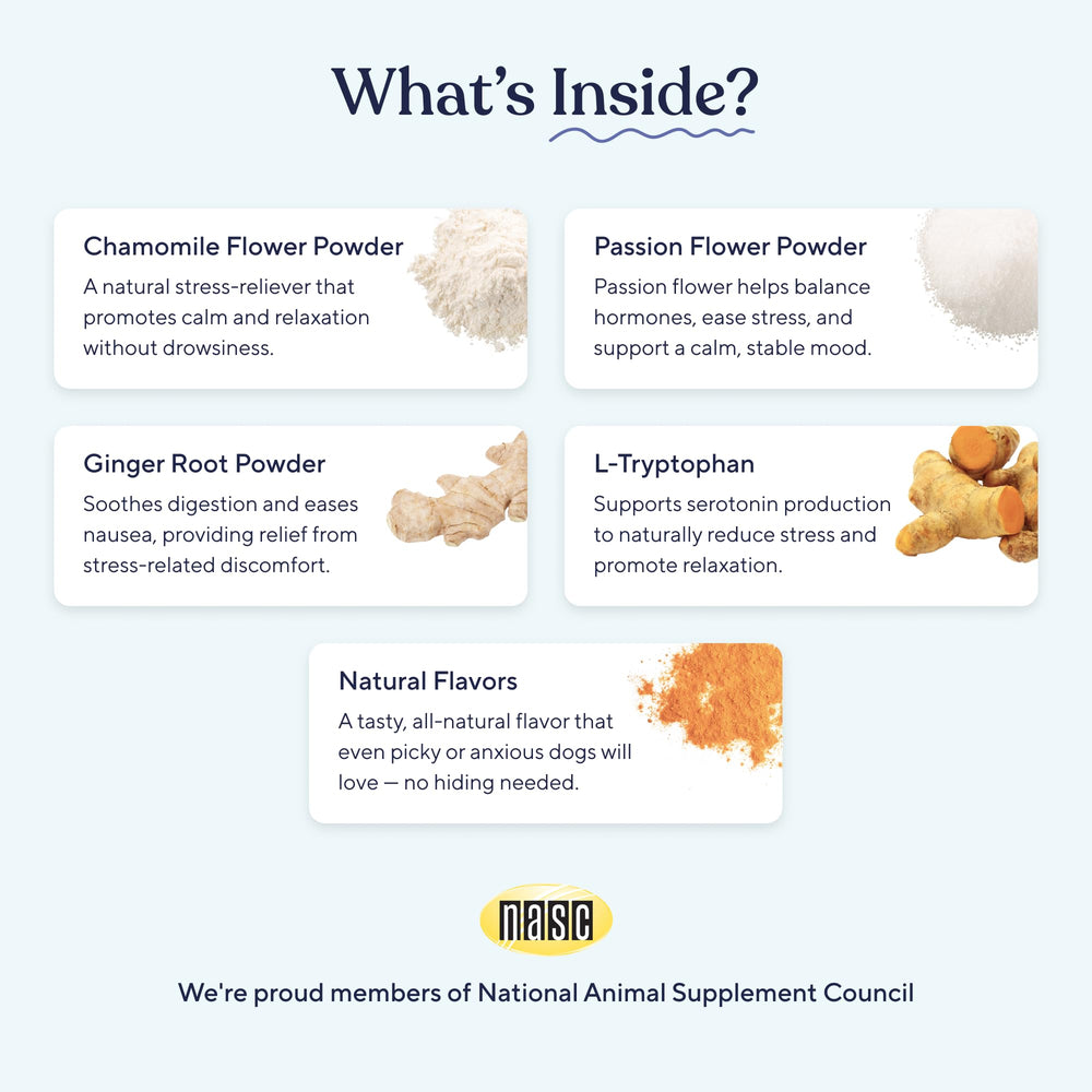 Pawfy Calming Chews closeup ingredients emphasizes natural calming components.