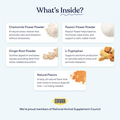 Pawfy Calming Chews closeup ingredients emphasizes natural calming components.