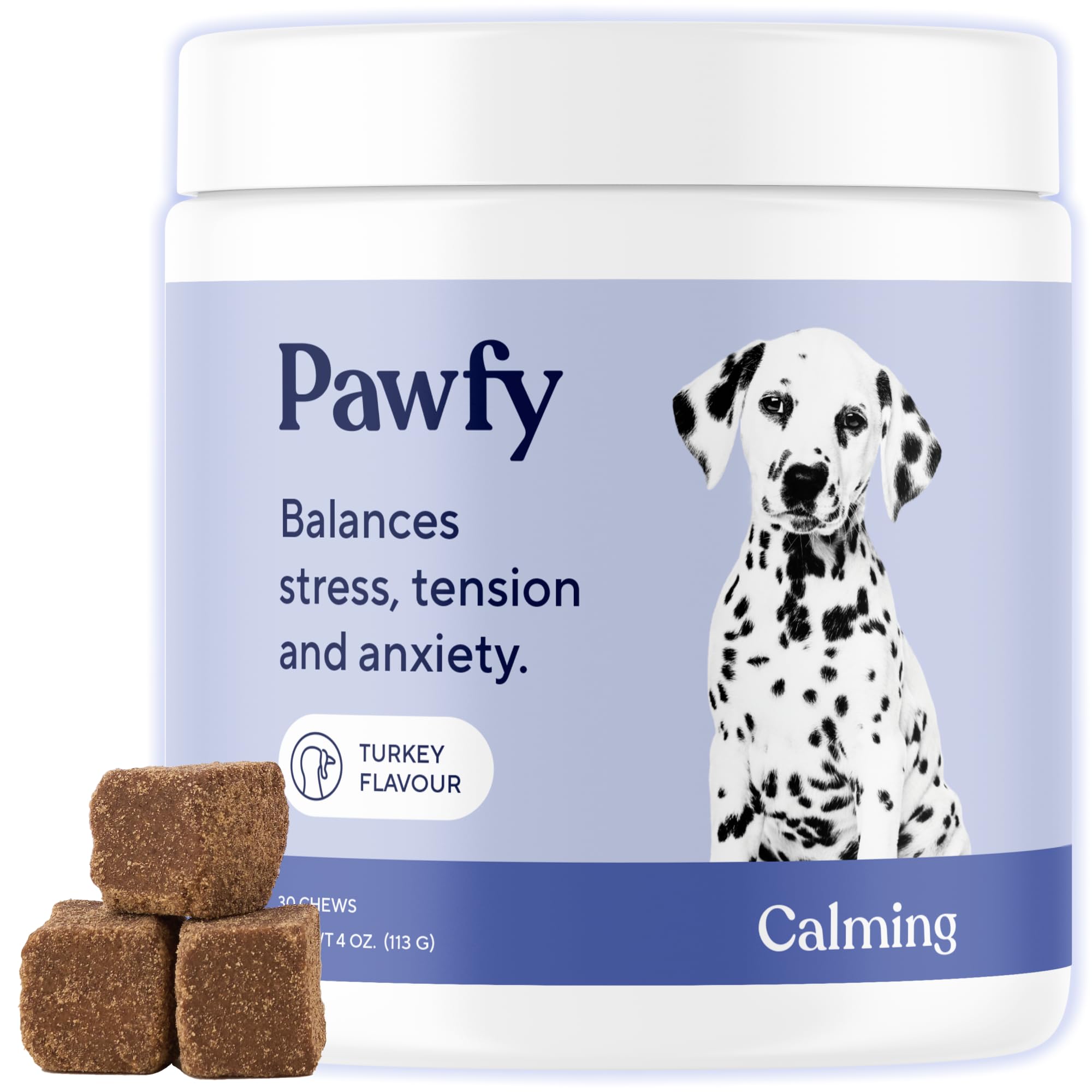 Pawfy Calming Chews dog treats pack promotes easier dosing for calmer adventures.