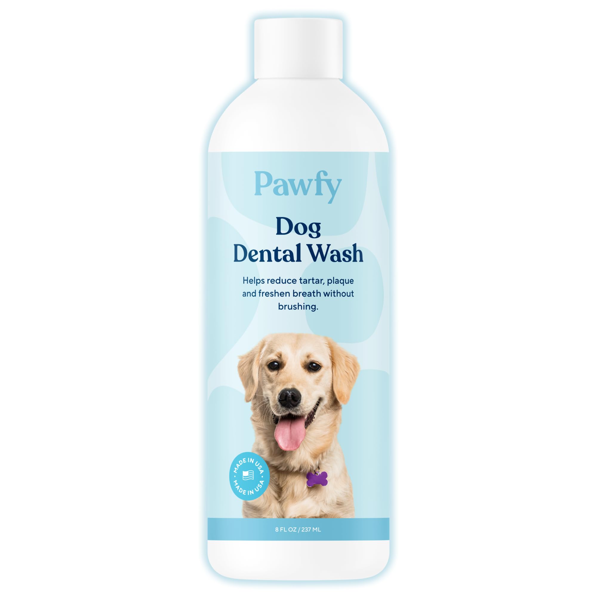 Pawfy dog breath freshener bottle closeup helps freshen breath and support dental care