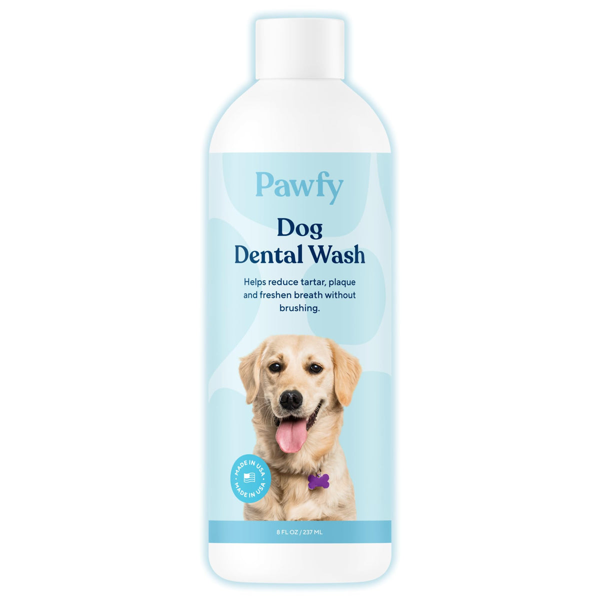 Pawfy dog breath freshener bottle closeup helps freshen breath and support dental care
