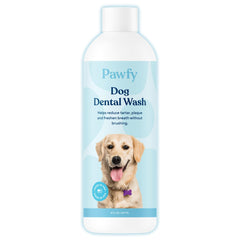 Pawfy dog breath freshener bottle closeup helps freshen breath and support dental care