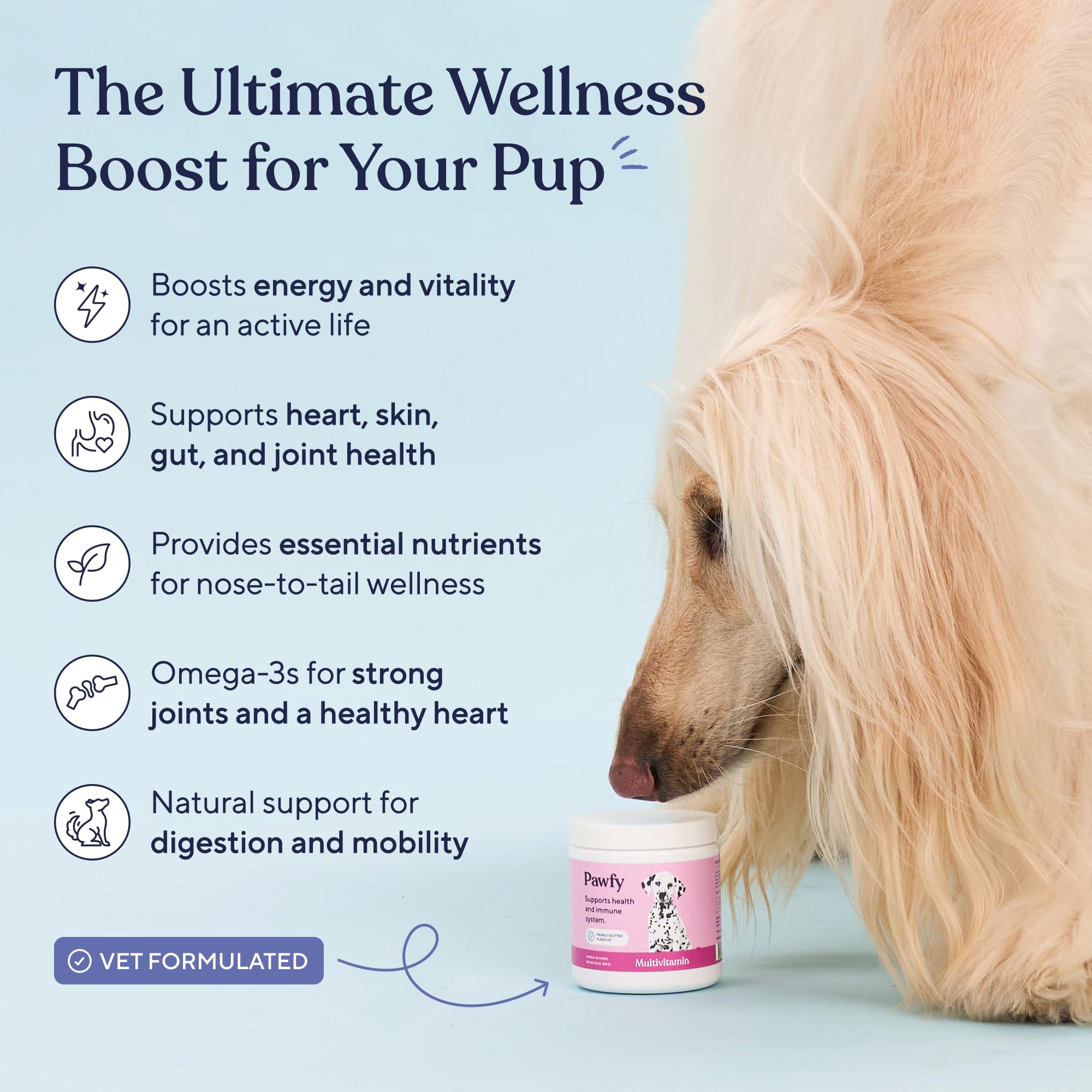 Pawfy skin and coat chews promote healthy skin and reduced shedding.
