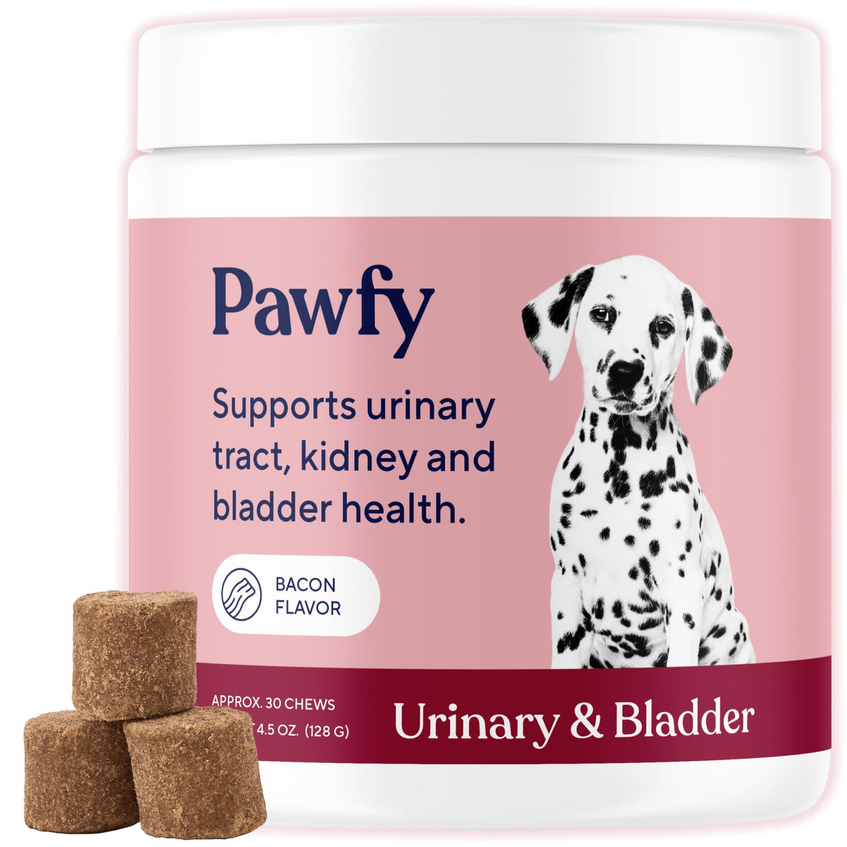 Pawfy dog UTI supplement cranberry bottle shows urinary health support for daily comfort.