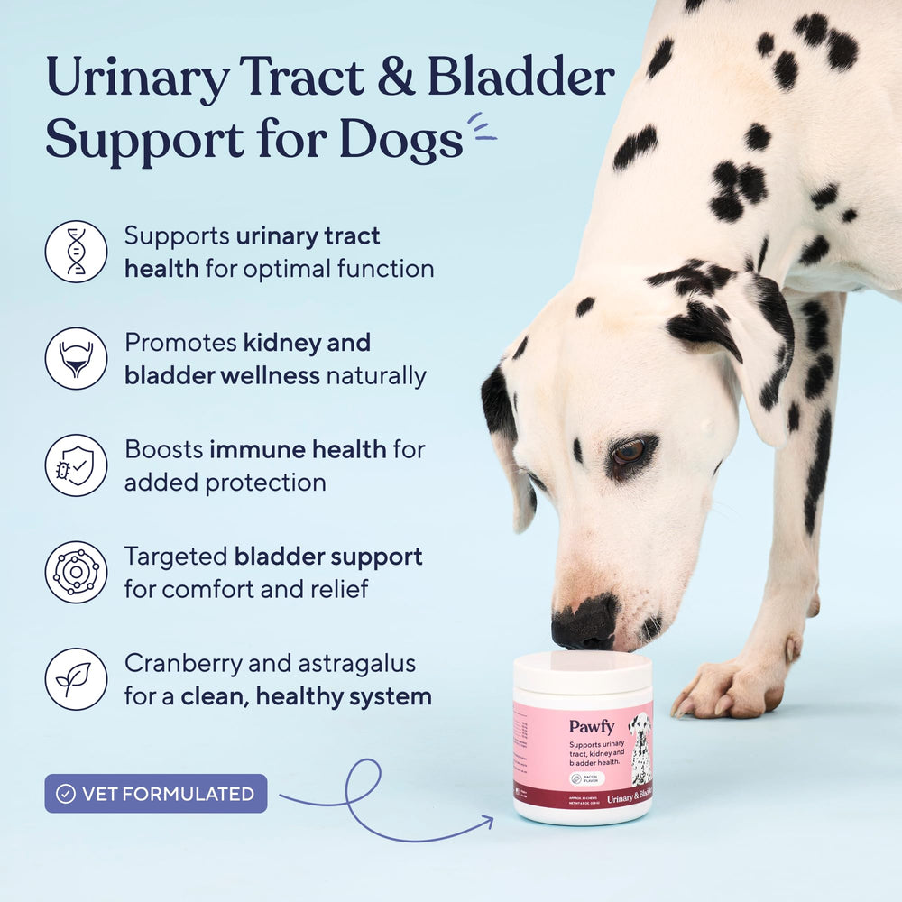 Pawfy dog UTI supplement D-Mannose bottle highlights urinary tract support for senior dogs.