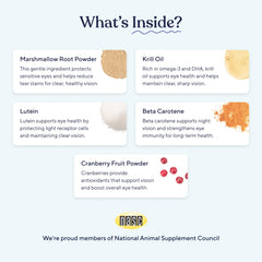 Pawfy Eye Support packaging shows natural ingredients supporting overall eye health.