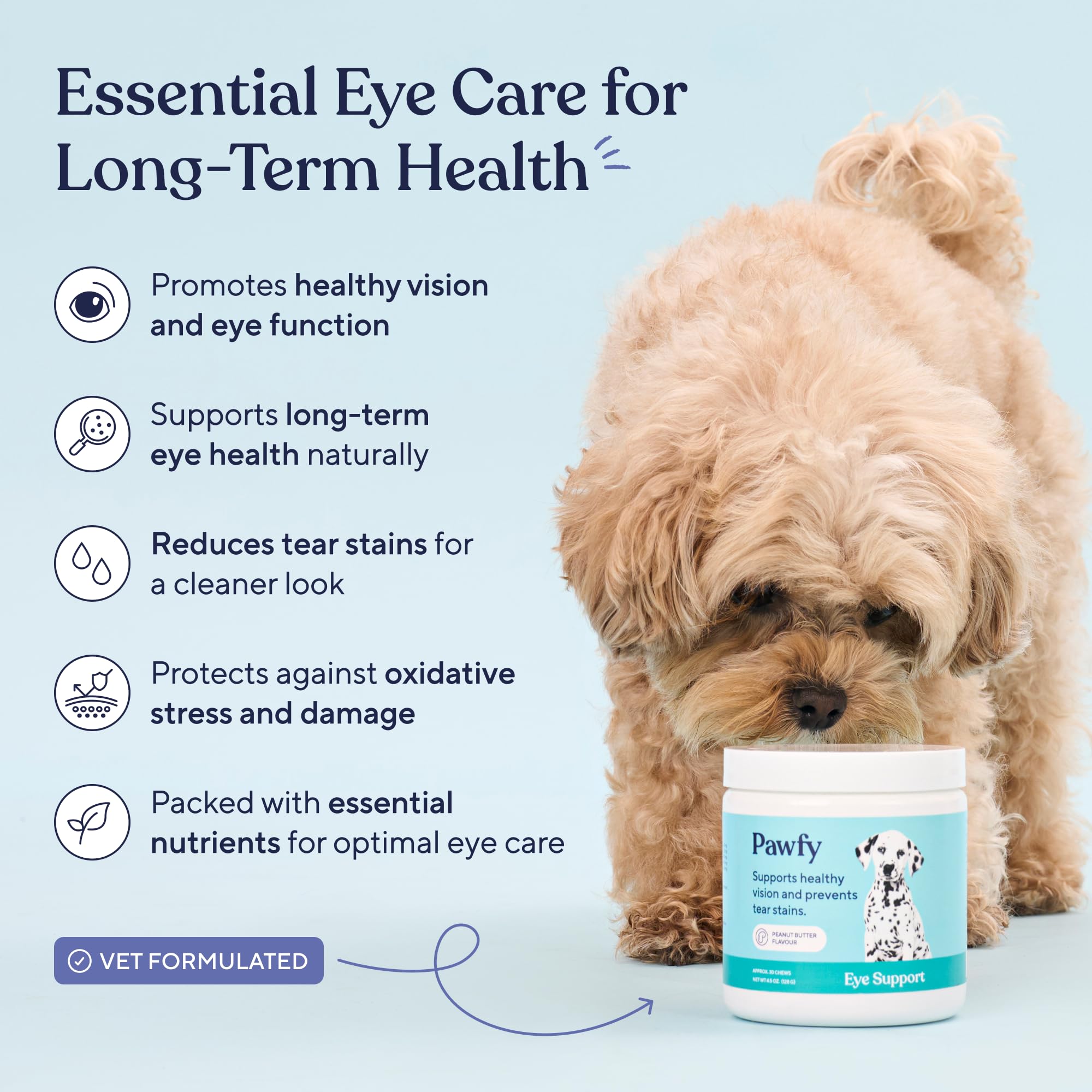 Pawfy Eye Support Soft Chews peanut butter flavor dog treat for eye health.