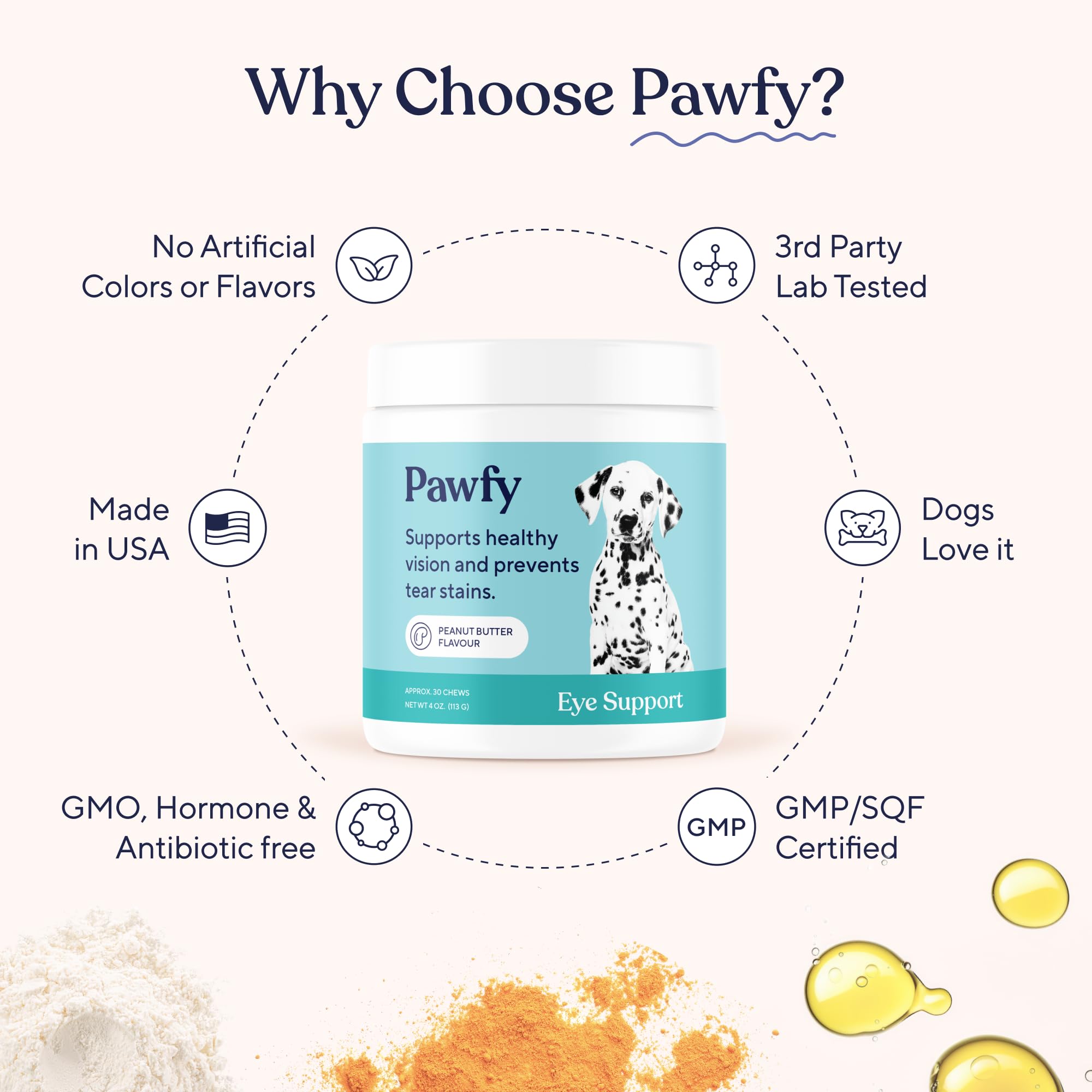Pawfy Eye Support Soft Chews treat-time use supports healthy aging eyes.