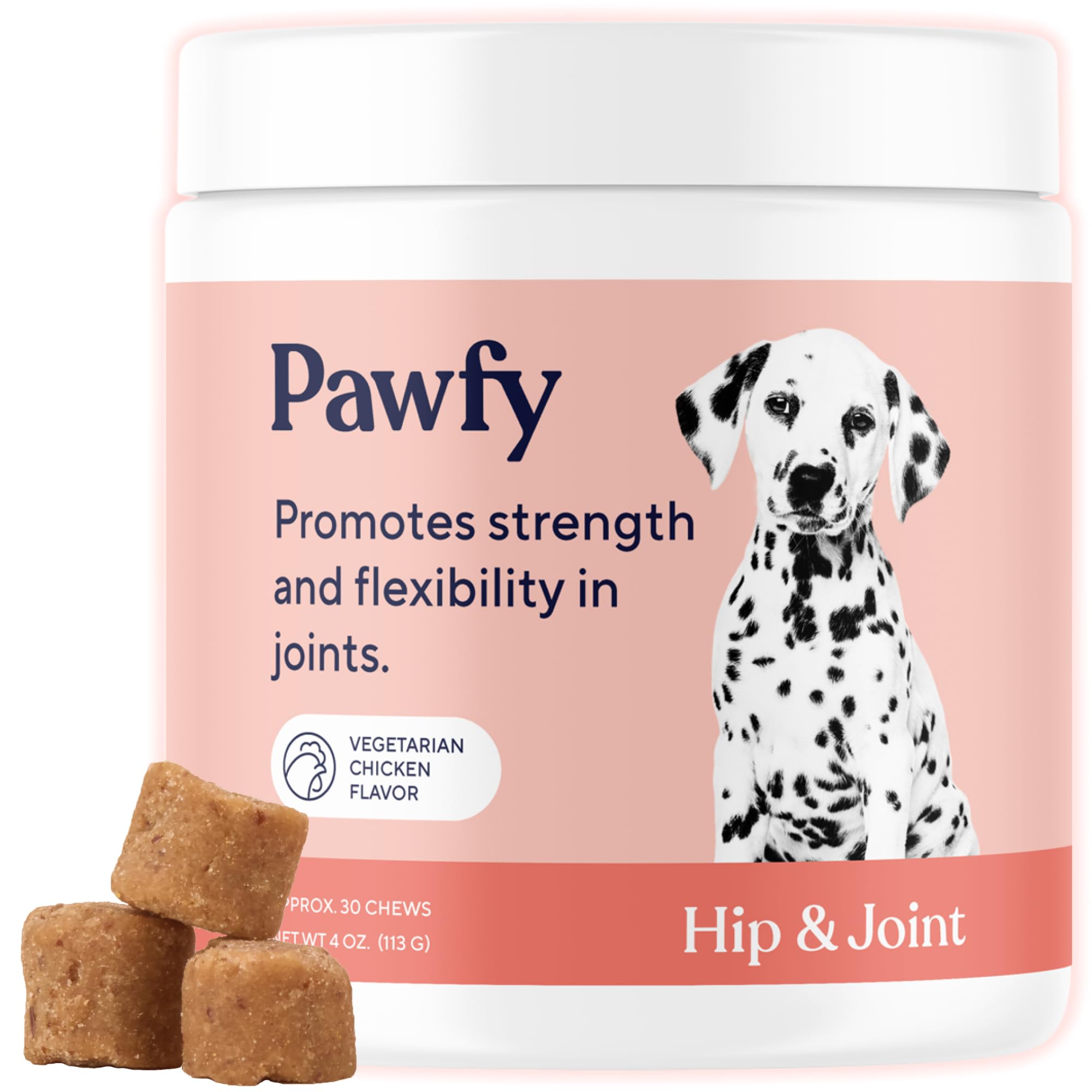 Pawfy hip joint supplement bottle highlighting mobility support for active dogs.
