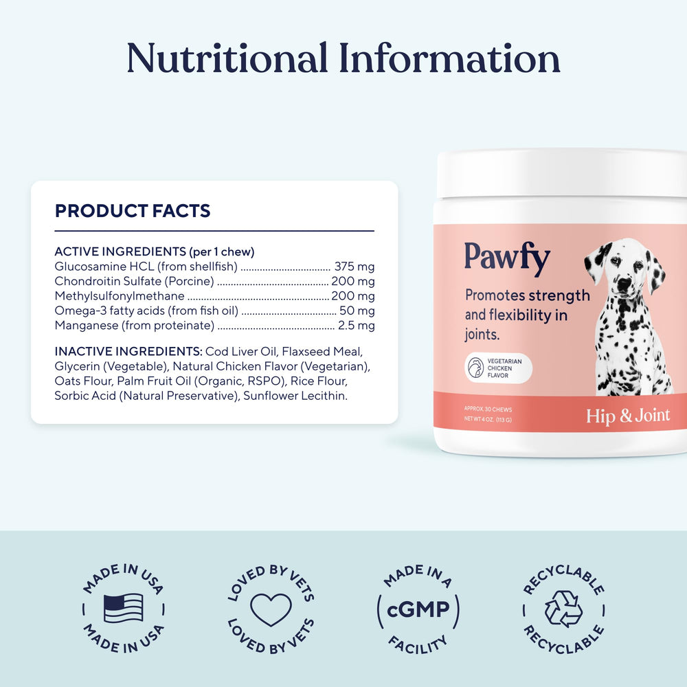 Pawfy Omega-3 enriched dog supplement shown, supporting joints and overall wellness.