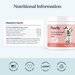 Pawfy Omega-3 enriched dog supplement shown, supporting joints and overall wellness.