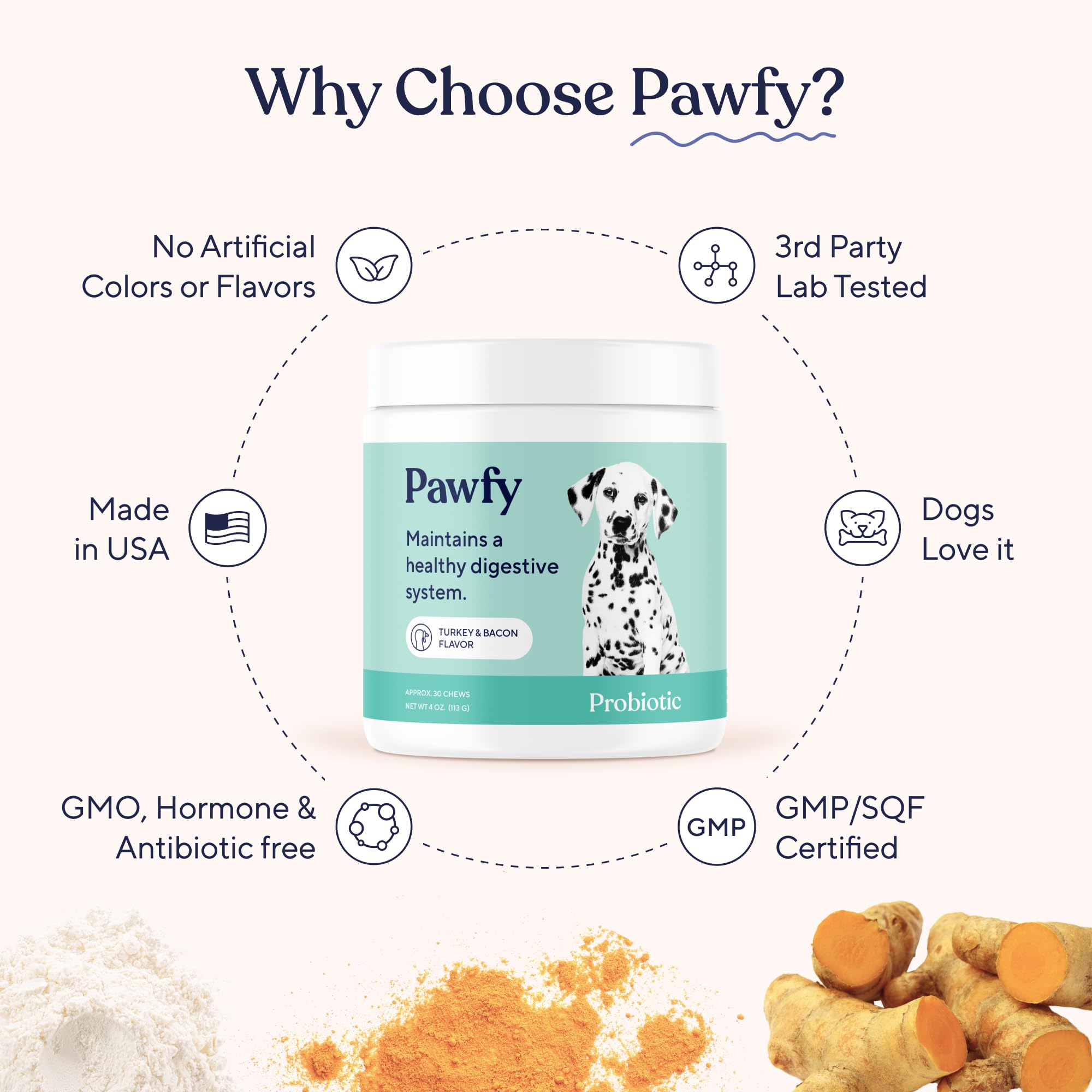 Pawfy Probiotics bottle label closeup communicates gut health benefits