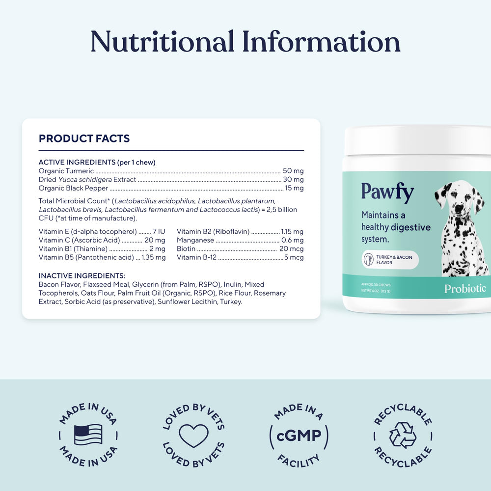 Pawfy Probiotics pack front displays 30 chews for ongoing digestive support
