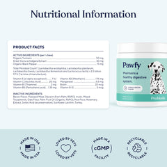 Pawfy Probiotics pack front displays 30 chews for ongoing digestive support