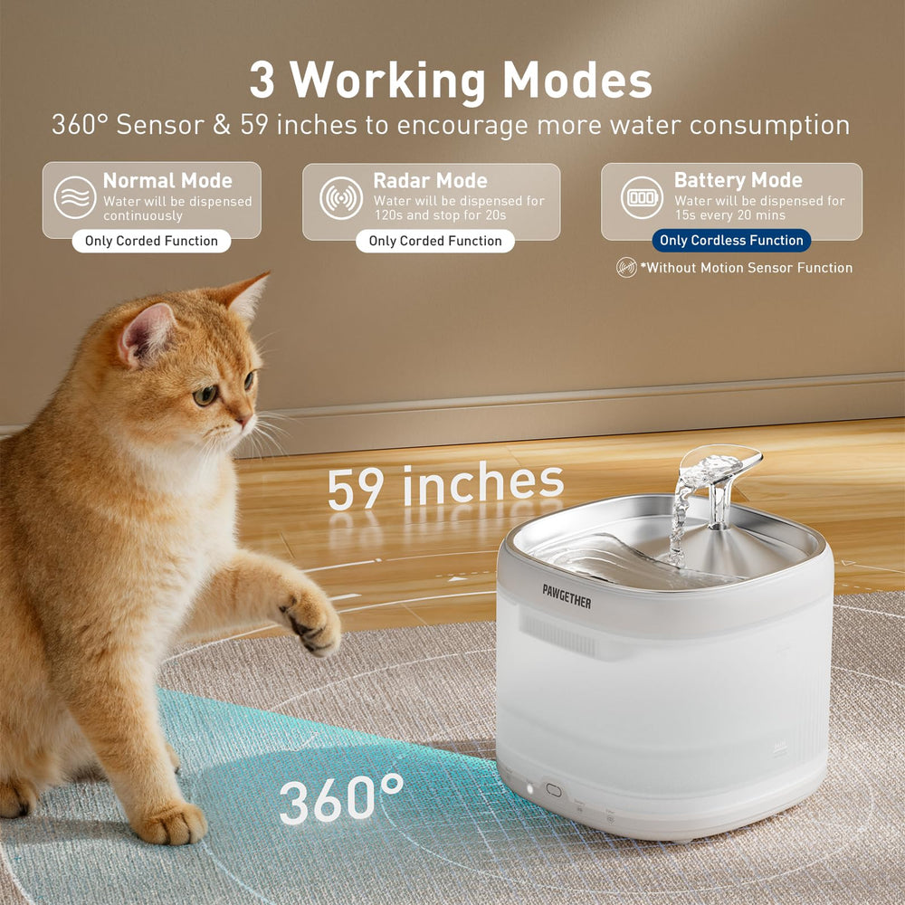 PAWGETHER battery mode screenshot highlights cordless hydration up to 30 days.