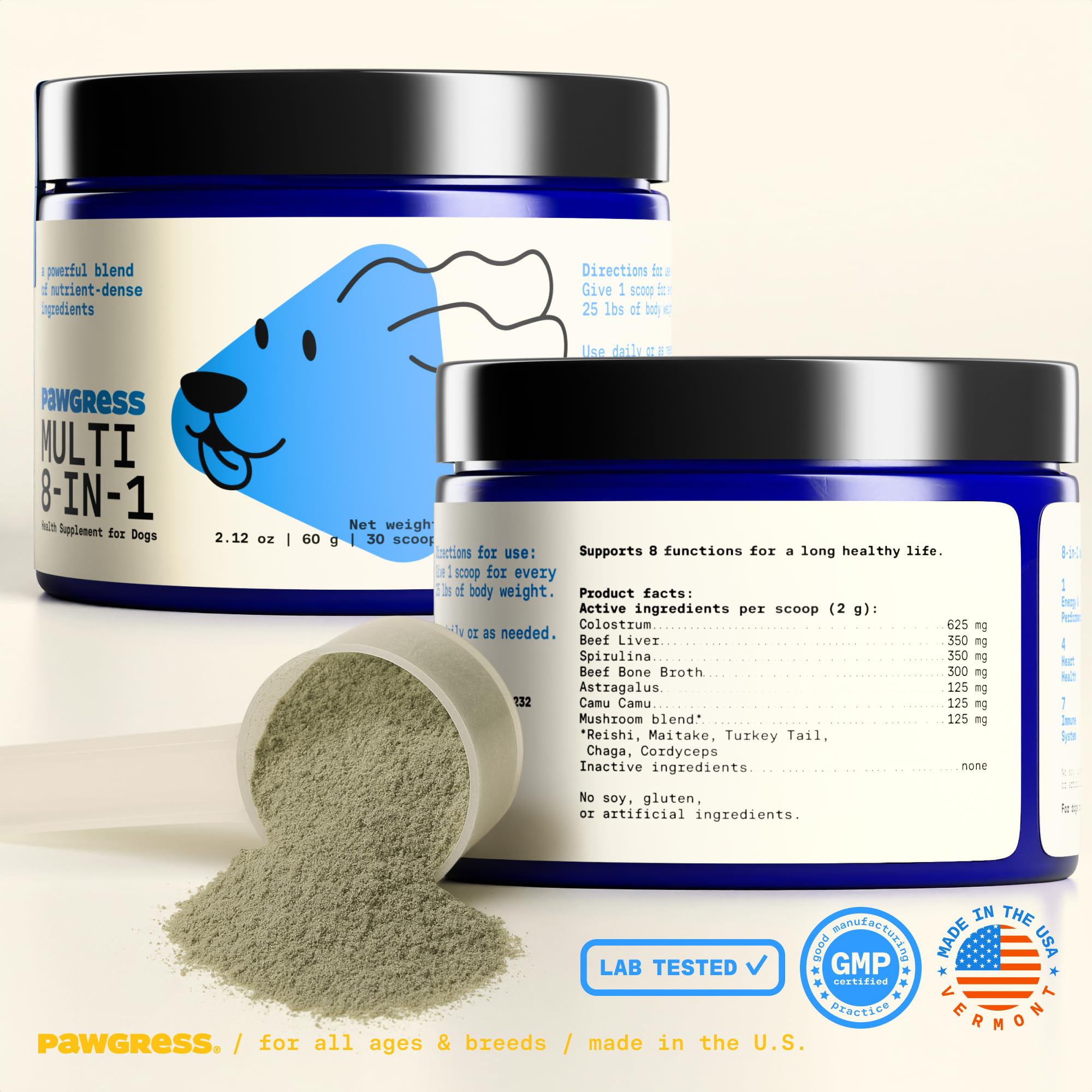 PAWGRESS made-in-usa lab-tested dog supplement image communicates safety, purity, and quality.