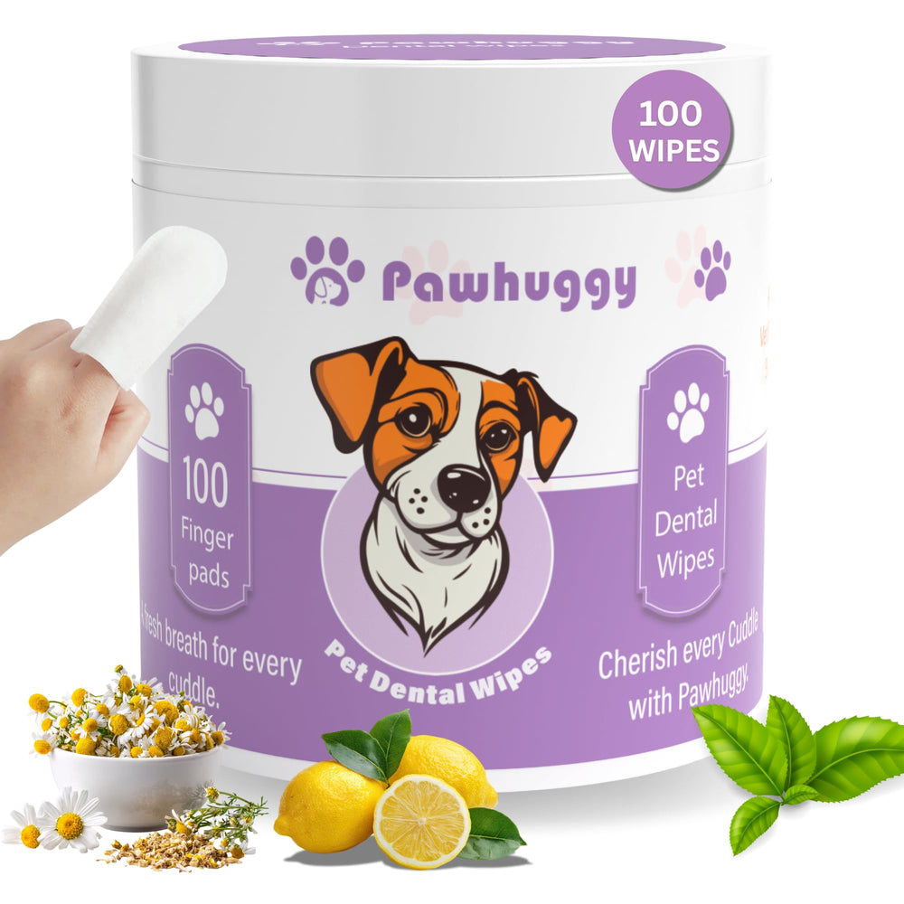 Pawhuggy 100 finger wipes pack for on-the-go pet dental care and fresh breath.