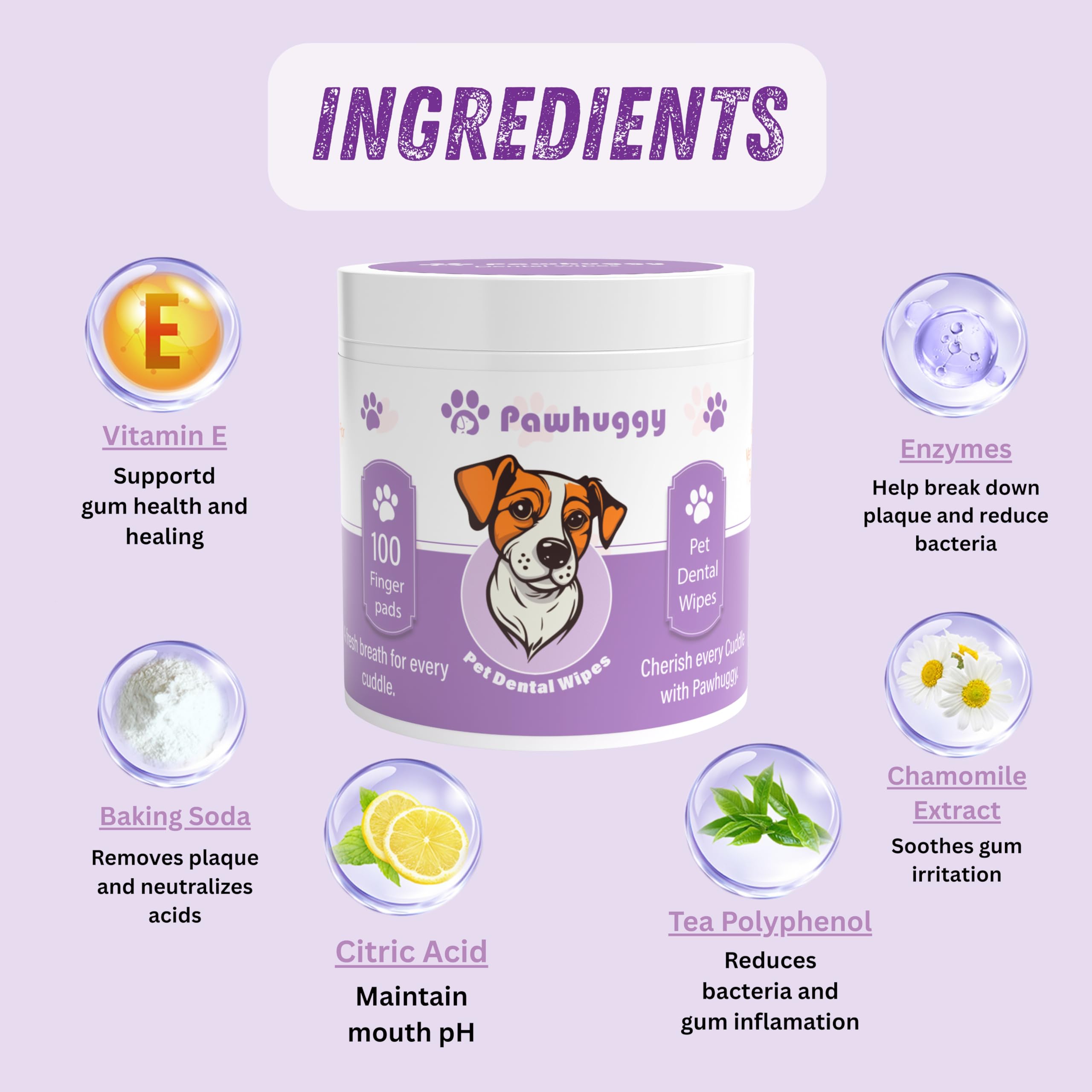 Pawhuggy safe-ingredients wipes with Aqua and glycerin for gentle oral routines.