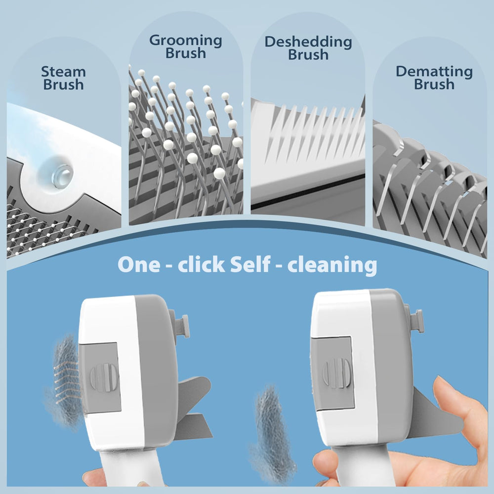 Pawimood Pet Steam Brush heads closeup illustrating deshedding, dematting, and grooming options