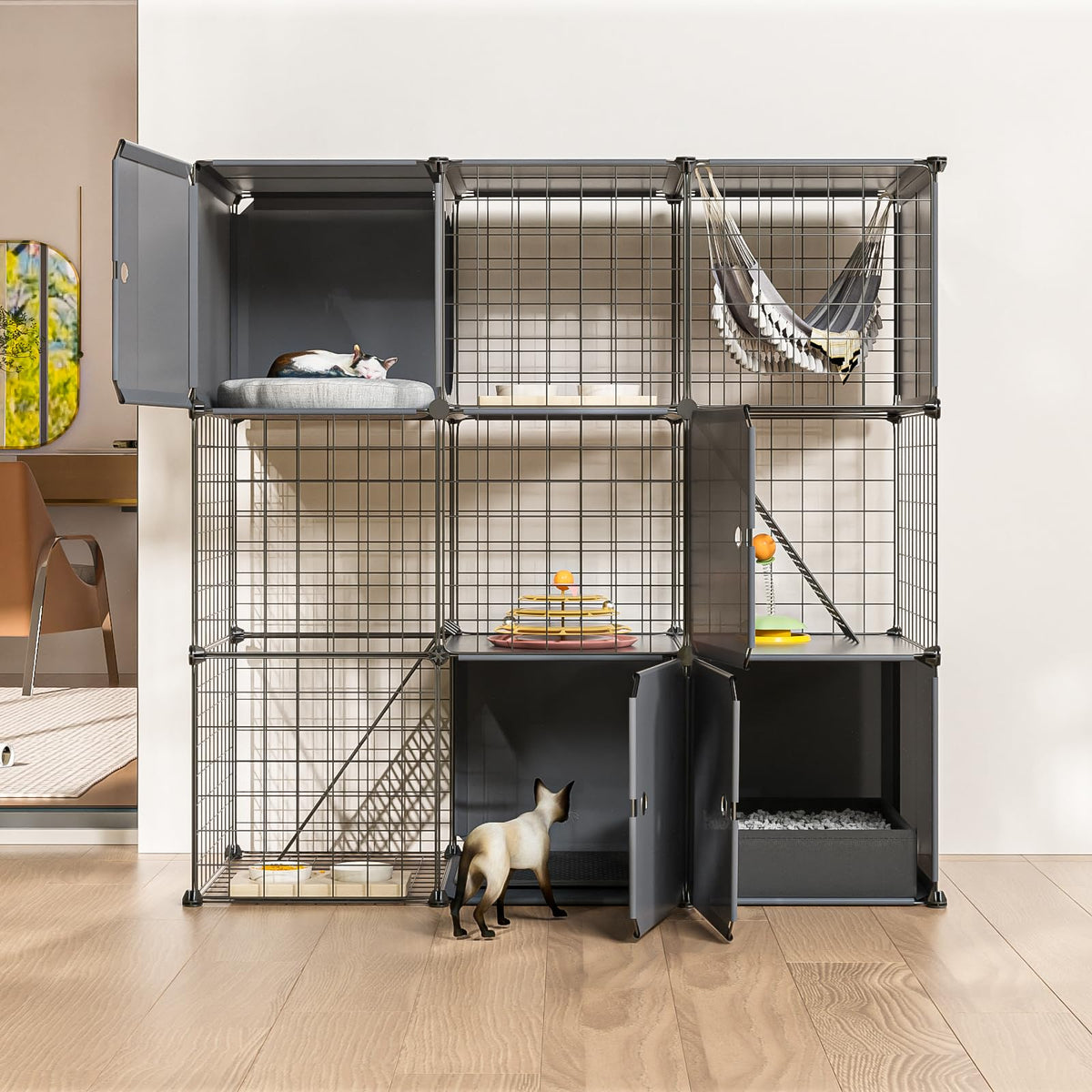 PAWING 3-tier cat enclosure with litter box for organized play and bathroom area.