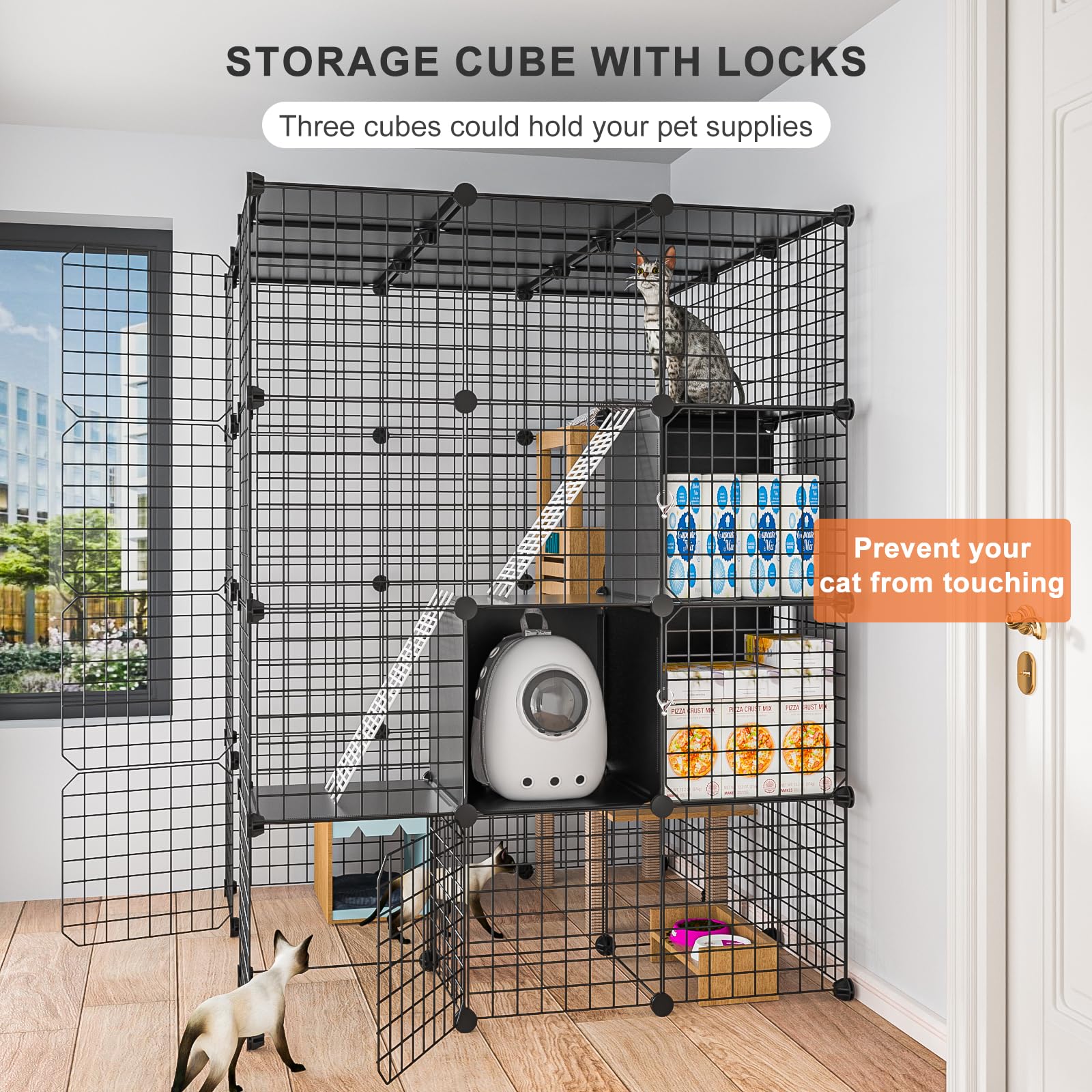 PAWING cat enclosure shows multi-door design for easy access and cleaning.