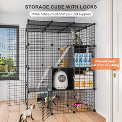 PAWING cat enclosure shows multi-door design for easy access and cleaning.