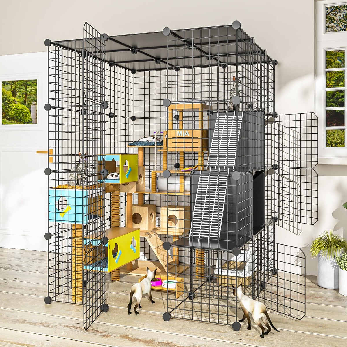 PAWING large cat cage with storage cubes keeps toys organized and accessible.