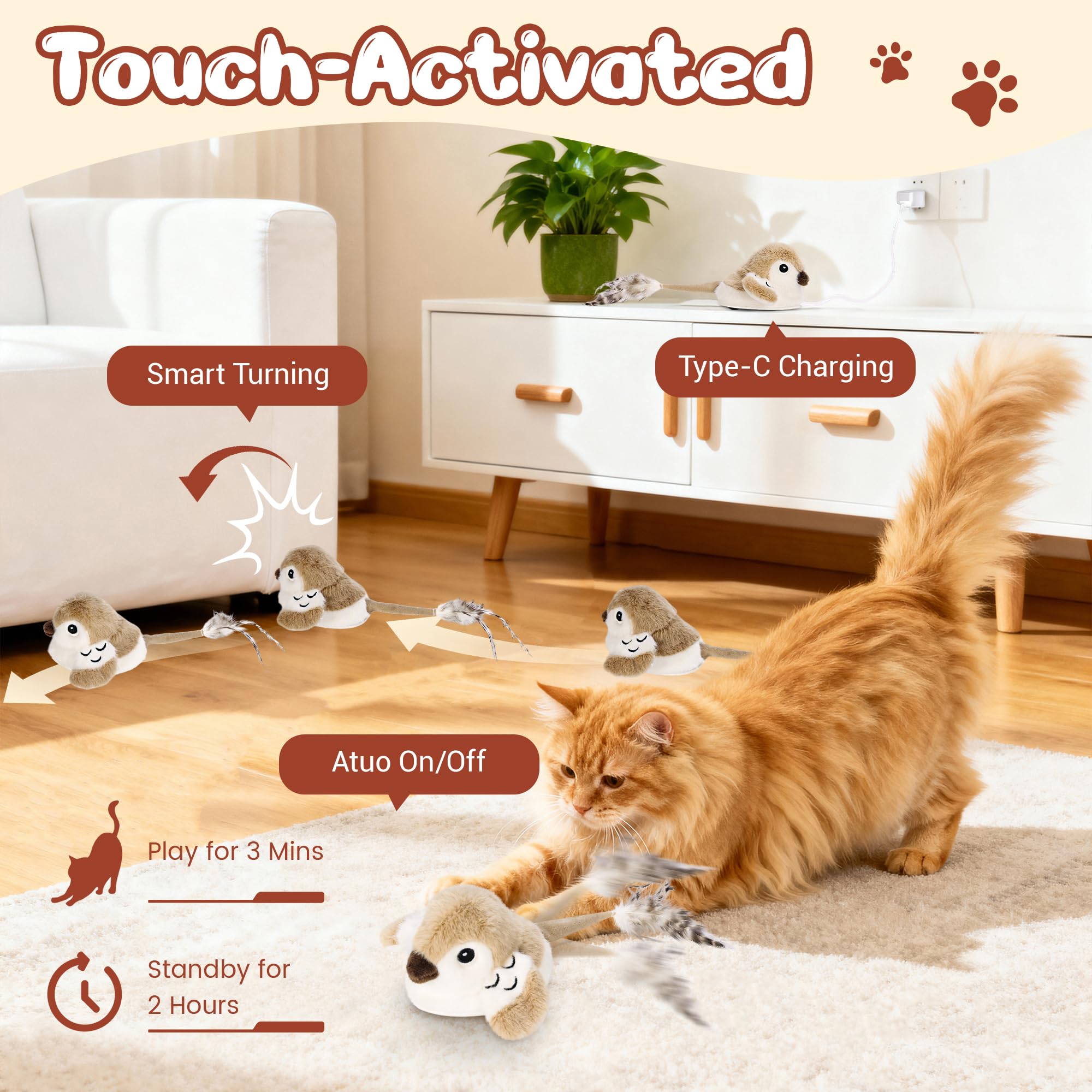 Pawingcat Bird Toy detachable wheels shown for easy fur cleaning after use.
