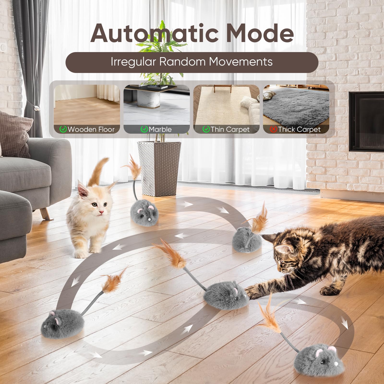 Pawingcat auto mode action with unpredictable movements for hunting-like play.